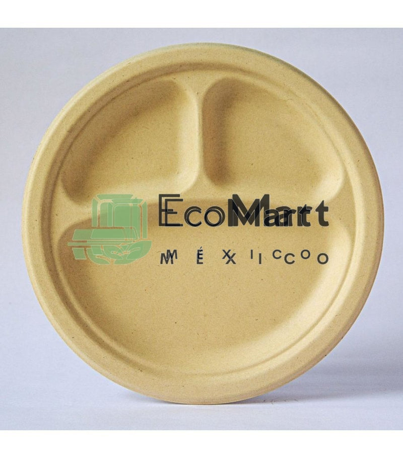 Plato 9" 3 Div Bagazo de Trigo 500 piezas - Eco Mart México